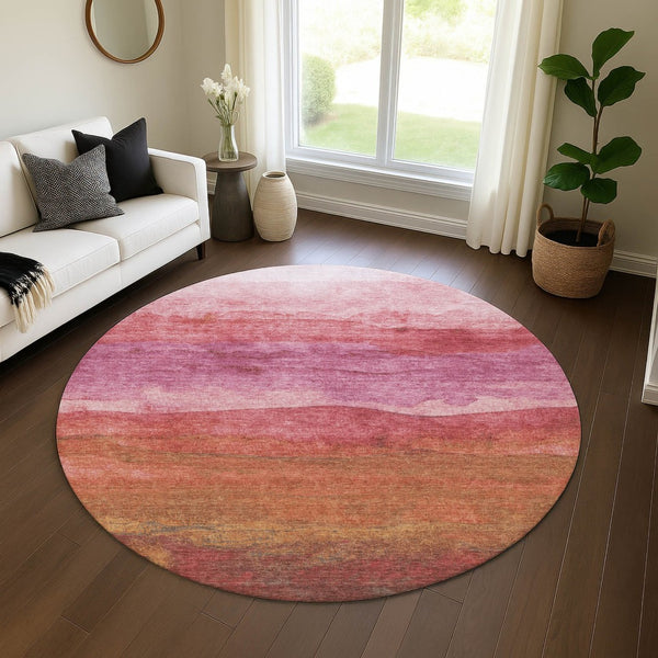 HomeRoots 8' Blush Rust and Red Striped Round Rug - Washable, UV-Protected, Stylish & Durable for Any Space 697563