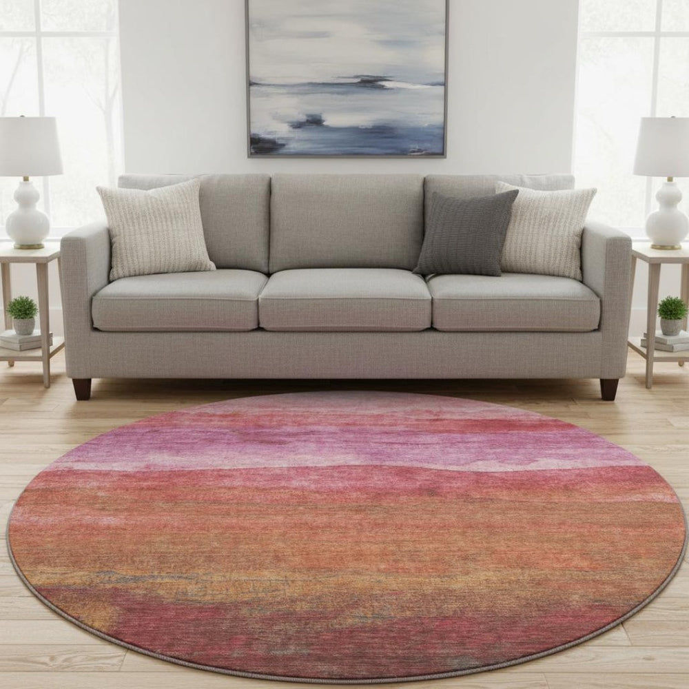 HomeRoots 8' Blush Rust and Red Striped Round Rug - Washable, UV-Protected, Stylish & Durable for Any Space 697563