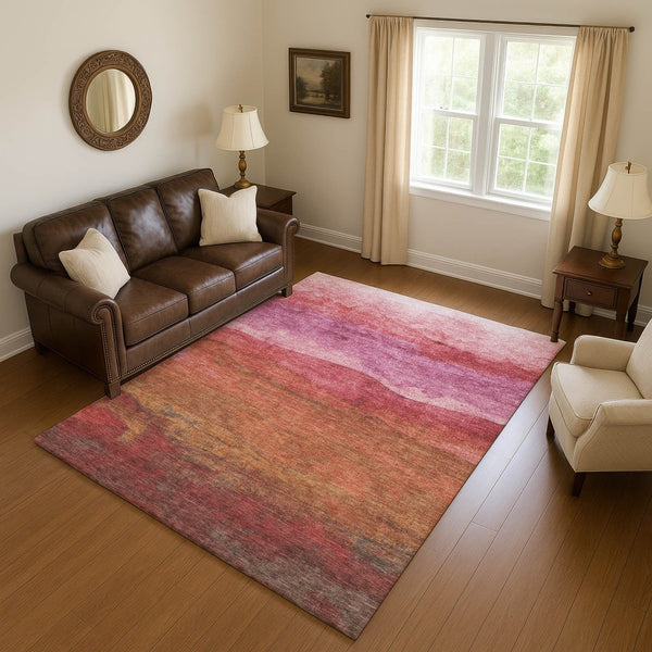 HomeRoots 10' X 14' Washable Area Rug in Blush, Rust & Red Stripes - UV Protected & Durable for Homes 697566