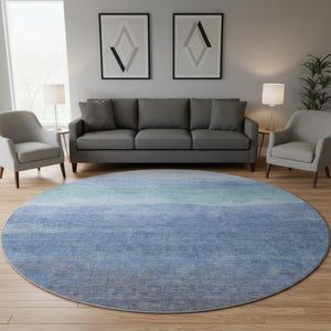 HomeRoots 8' Blue and Teal Striped Washable Round Rug - UV Protected, Stain Resistant, Perfect for Busy Homes! 697569