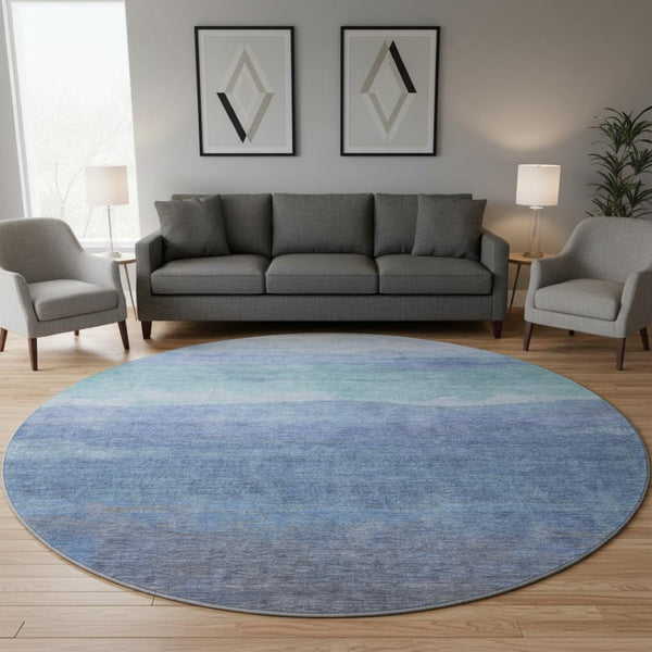 HomeRoots 8' Blue and Teal Striped Washable Round Rug - UV Protected, Stain Resistant, Perfect for Busy Homes! 697569