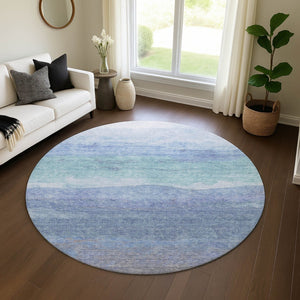 HomeRoots 8' Blue and Teal Striped Washable Round Rug - UV Protected, Stain Resistant, Perfect for Busy Homes! 697569