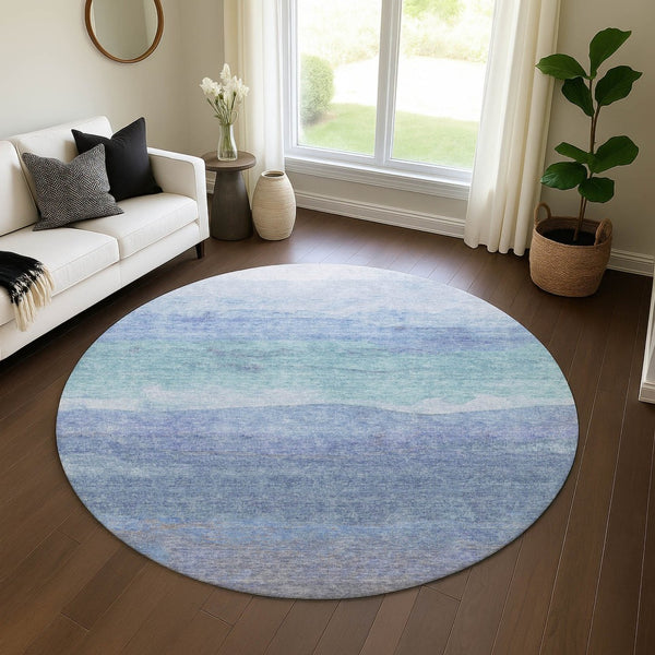 HomeRoots 8' Blue and Teal Striped Washable Round Rug - UV Protected, Stain Resistant, Perfect for Busy Homes! 697569