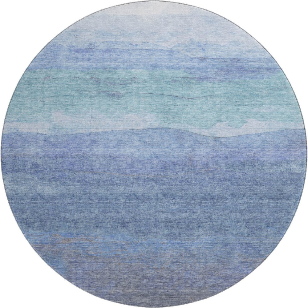 HomeRoots 8' Blue and Teal Striped Washable Round Rug - UV Protected, Stain Resistant, Perfect for Busy Homes! 697569