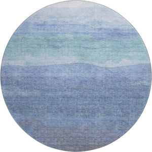 HomeRoots 8' Blue and Teal Striped Washable Round Rug - UV Protected, Stain Resistant, Perfect for Busy Homes! 697569