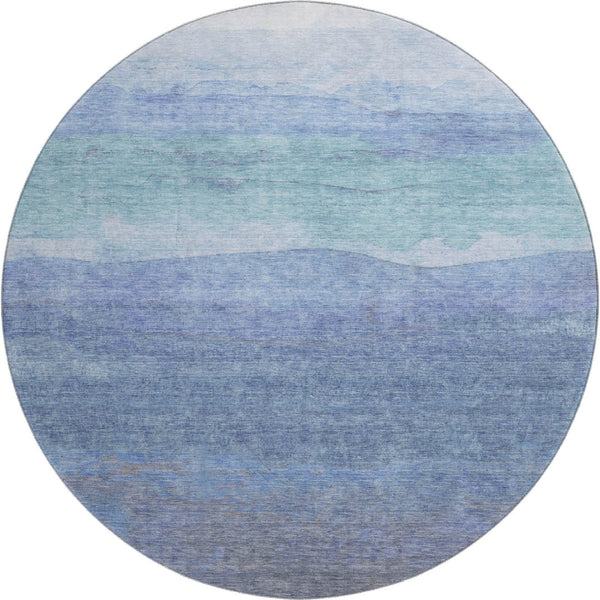 HomeRoots 8' Blue and Teal Striped Washable Round Rug - UV Protected, Stain Resistant, Perfect for Busy Homes! 697569