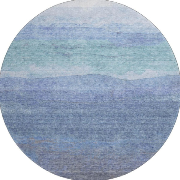 HomeRoots 8' Blue and Teal Striped Washable Round Rug - UV Protected, Stain Resistant, Perfect for Busy Homes! 697569