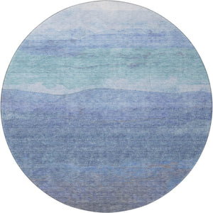 HomeRoots 8' Blue and Teal Striped Washable Round Rug - UV Protected, Stain Resistant, Perfect for Busy Homes! 697569