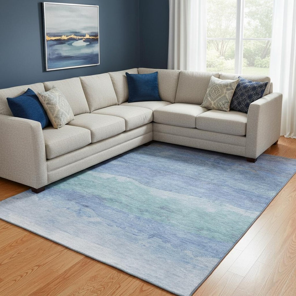 HomeRoots 8' X 10' Blue and Teal Striped Washable Area Rug - UV Protected, Non-Slip, Perfect for Family Spaces! 697570