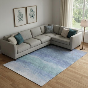 HomeRoots 9' X 12' Blue and Teal Striped Area Rug - Stylish, Washable, UV-Protected, Non-Slip for High Traffic Areas 697571