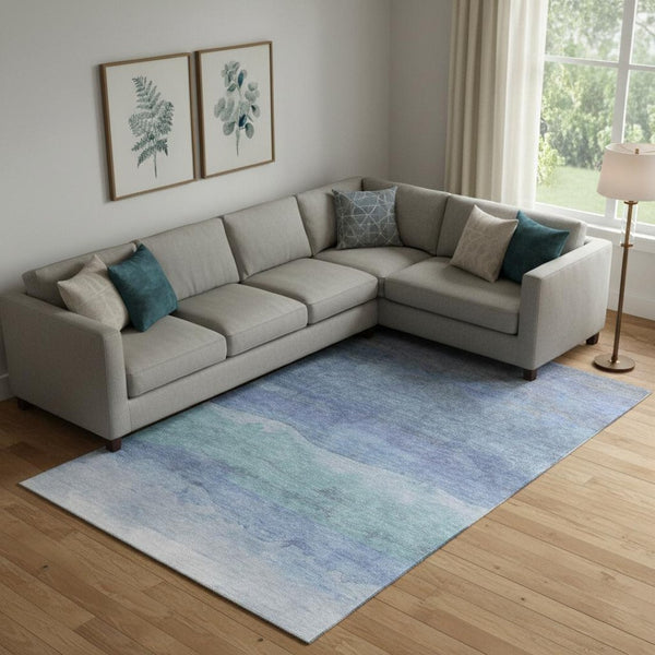 HomeRoots 9' X 12' Blue and Teal Striped Area Rug - Stylish, Washable, UV-Protected, Non-Slip for High Traffic Areas 697571