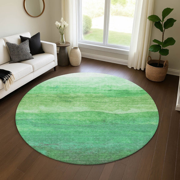HomeRoots 8' Green And Ivory Striped Round Rug - Washable, UV Protected, Stylish & Durable for Indoor/Outdoor Use 697575