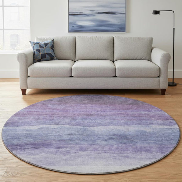 HomeRoots 8' Purple and Plum Striped Washable Round Rug with UV Protection - Perfect for Homes with Kids & Pets 697581