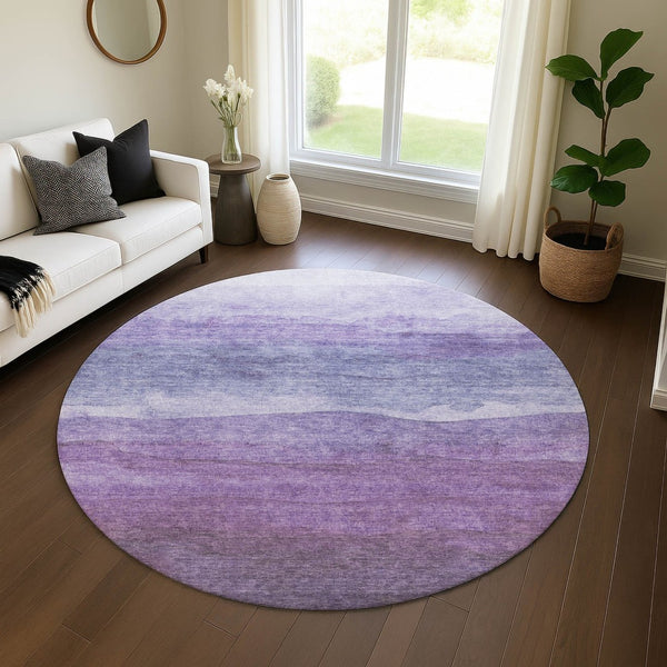 HomeRoots 8' Purple and Plum Striped Washable Round Rug with UV Protection - Perfect for Homes with Kids & Pets 697581