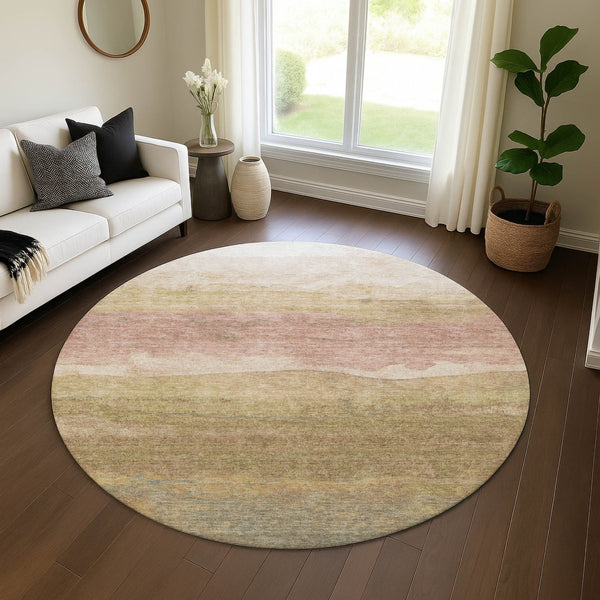 HomeRoots 8' Tan and Beige Striped Round Rug - Washable, Durable, UV Protected for Stylish, Easy Care Homes 697587