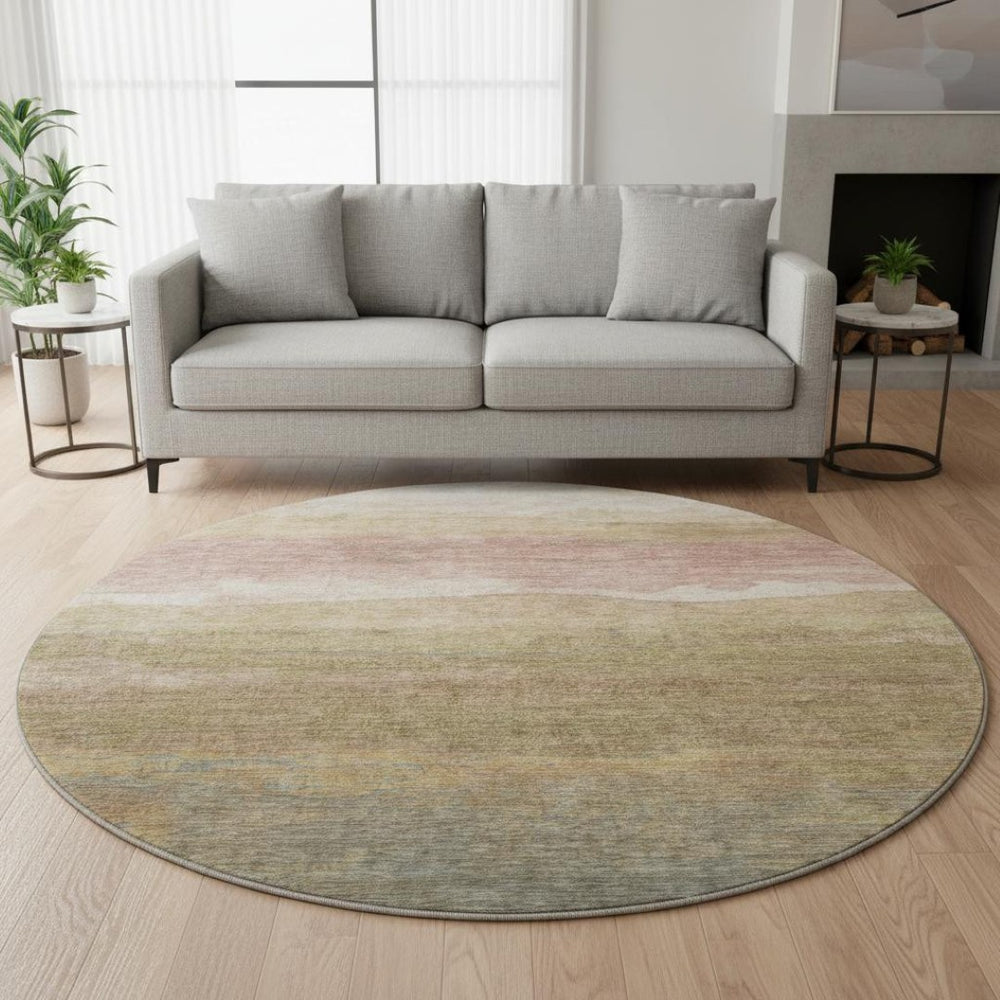 HomeRoots 8' Tan and Beige Striped Round Rug - Washable, Durable, UV Protected for Stylish, Easy Care Homes 697587
