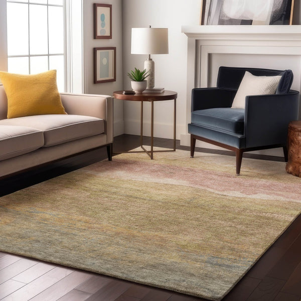 HomeRoots 9' X 12' Tan and Beige Striped Area Rug - Washable, UV-Protected, Stain-Resistant for Busy Homes 697589