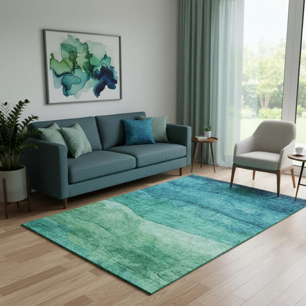 HomeRoots 5' X 8' Teal and Green Striped Area Rug - Washable, UV Protected, Durable & Pet-Friendly Design 697592