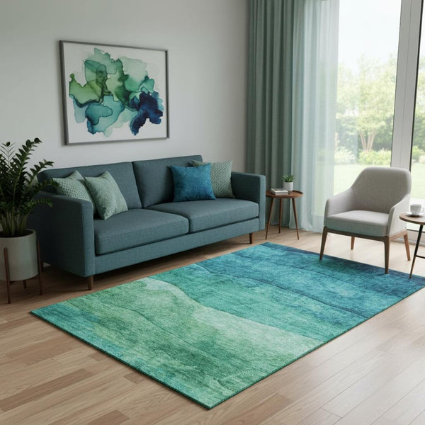 HomeRoots 5' X 8' Teal and Green Striped Area Rug - Washable, UV Protected, Durable & Pet-Friendly Design 697592