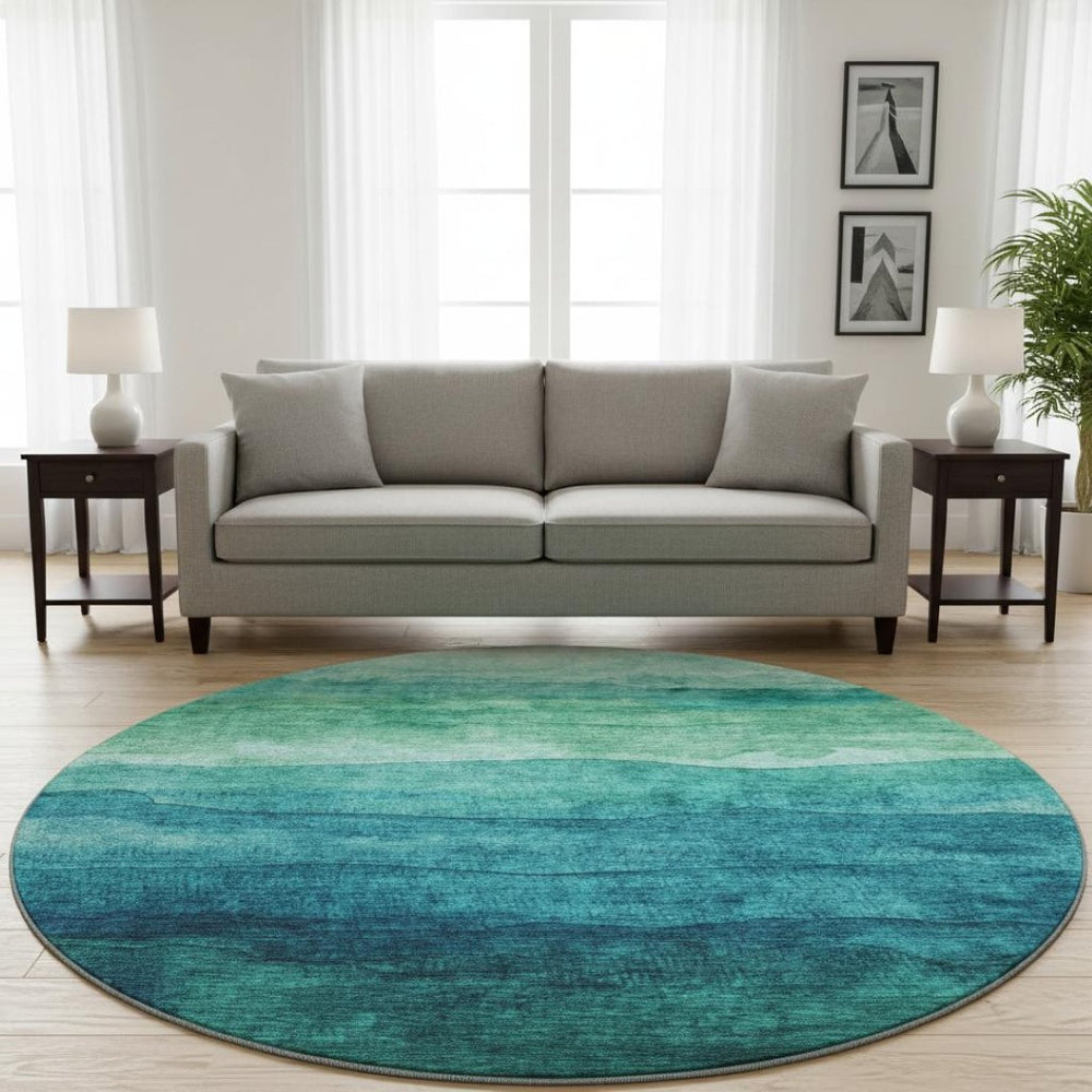HomeRoots 8' Striped Teal and Green Washable Round Rug with UV Protection for Indoor & Outdoor Spaces 697593