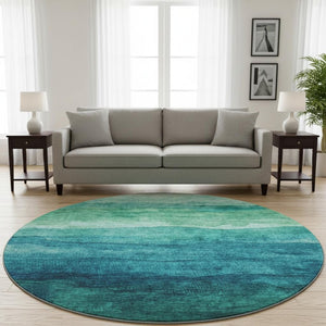 HomeRoots 8' Striped Teal and Green Washable Round Rug with UV Protection for Indoor & Outdoor Spaces 697593