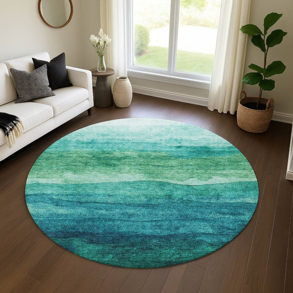 HomeRoots 8' Striped Teal and Green Washable Round Rug with UV Protection for Indoor & Outdoor Spaces 697593