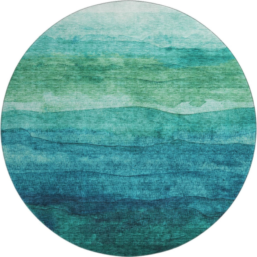 HomeRoots 8' Striped Teal and Green Washable Round Rug with UV Protection for Indoor & Outdoor Spaces 697593