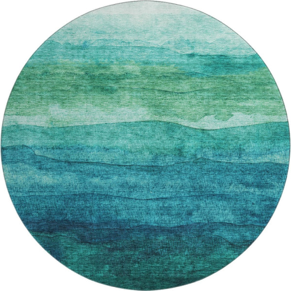 HomeRoots 8' Striped Teal and Green Washable Round Rug with UV Protection for Indoor & Outdoor Spaces 697593