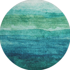 HomeRoots 8' Striped Teal and Green Washable Round Rug with UV Protection for Indoor & Outdoor Spaces 697593