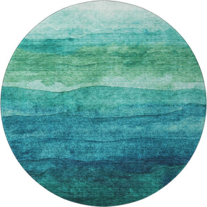 HomeRoots 8' Striped Teal and Green Washable Round Rug with UV Protection for Indoor & Outdoor Spaces 697593