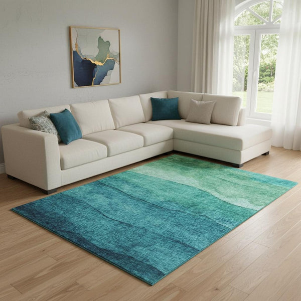 HomeRoots 8' X 10' Teal and Green Striped Area Rug - Durable, Stain Resistant, UV Protected, Easy Care Design 697594