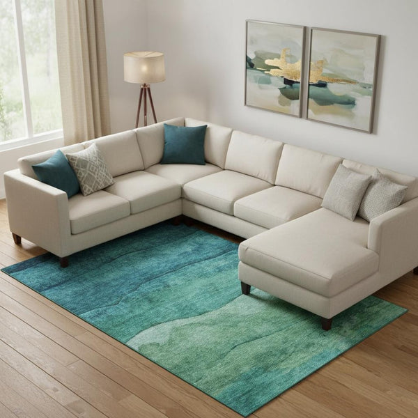 HomeRoots 9' X 12' Teal and Green Striped Area Rug - Durable, Washable, UV Protected for High-Traffic Spaces 697595
