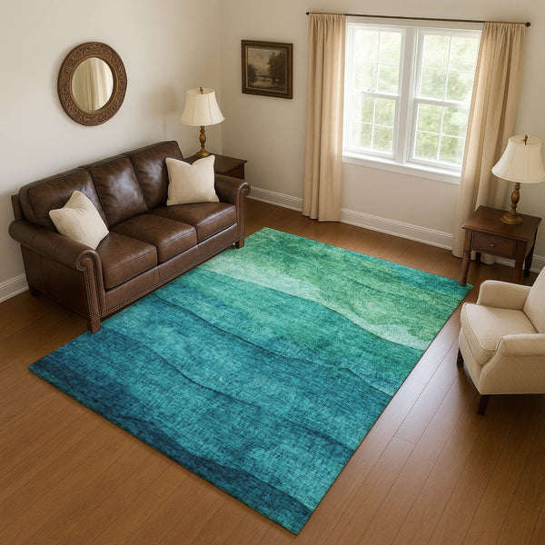 HomeRoots 9' X 12' Teal and Green Striped Area Rug - Durable, Washable, UV Protected for High-Traffic Spaces 697595