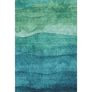 HomeRoots 9' X 12' Teal and Green Striped Area Rug - Durable, Washable, UV Protected for High-Traffic Spaces 697595