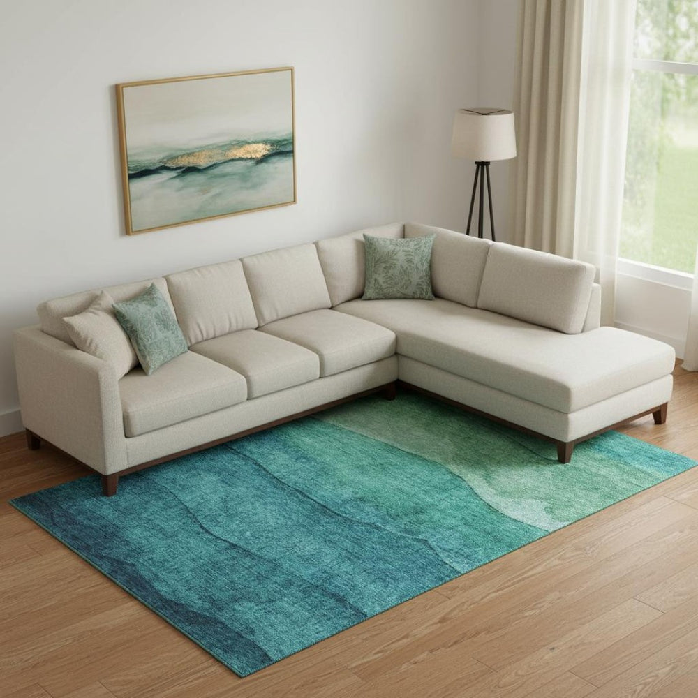 HomeRoots 10' Teal & Green Striped Washable Area Rug - UV Protected, Durable, Perfect for Busy Homes & Kids! 697596