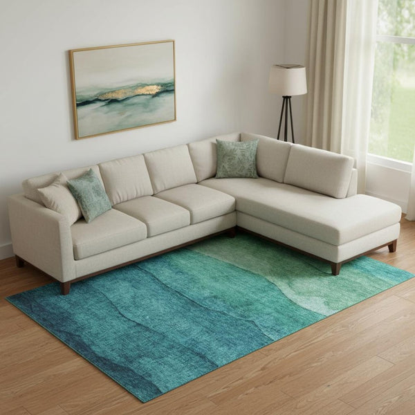 HomeRoots 10' Teal & Green Striped Washable Area Rug - UV Protected, Durable, Perfect for Busy Homes & Kids! 697596