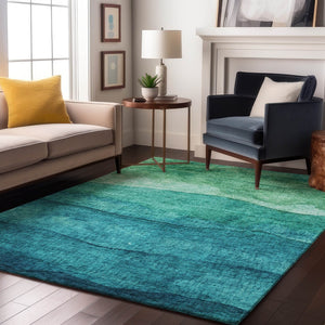 HomeRoots 10' Teal & Green Striped Washable Area Rug - UV Protected, Durable, Perfect for Busy Homes & Kids! 697596
