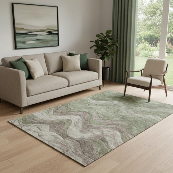 HomeRoots 5' X 8' Stylish Green Taupe Beige Abstract Washable Area Rug with UV Defense for Homes & Kids 697598