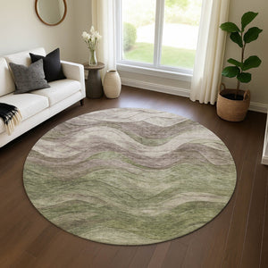 HomeRoots 8' Green Taupe Beige Abstract Round Rug – Washable, UV-Protected & Perfect for High-Traffic Areas 697599