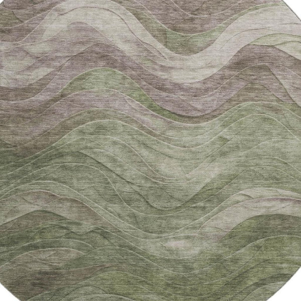 HomeRoots 8' Green Taupe Beige Abstract Round Rug – Washable, UV-Protected & Perfect for High-Traffic Areas 697599