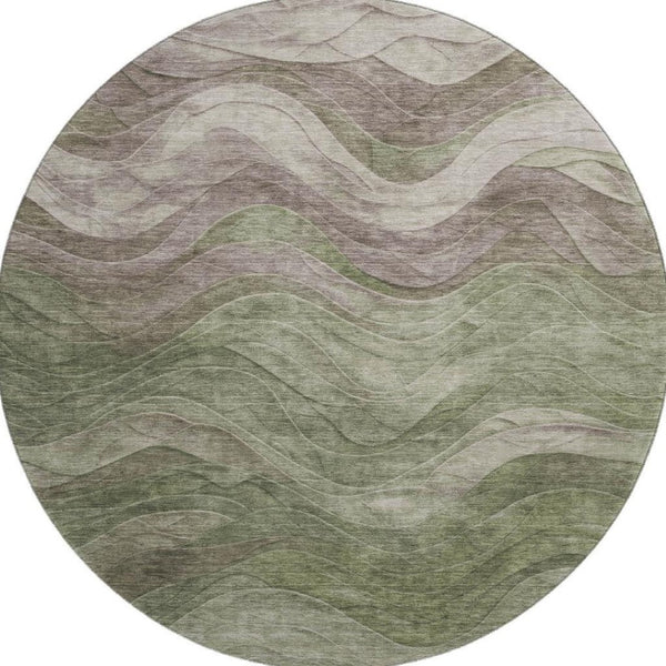 HomeRoots 8' Green Taupe Beige Abstract Round Rug – Washable, UV-Protected & Perfect for High-Traffic Areas 697599
