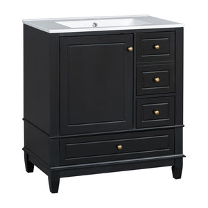 English Elm Christopher Knight Home® - 30" Freestanding Bathroom Vanity with Ceramic Sink, Soft-Close Door, Gold Knobs & 3 Drawers, Durable Painted Finish Black N759P225994B