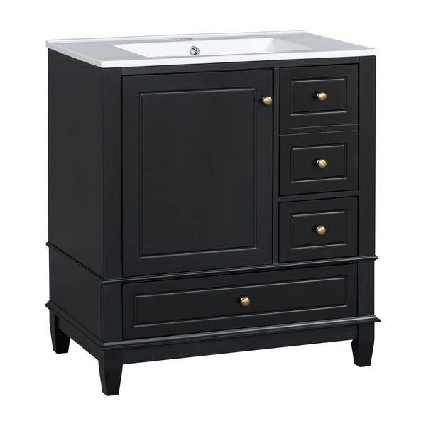 English Elm Christopher Knight Home® - 30" Freestanding Bathroom Vanity with Ceramic Sink, Soft-Close Door, Gold Knobs & 3 Drawers, Durable Painted Finish Black N759P225994B