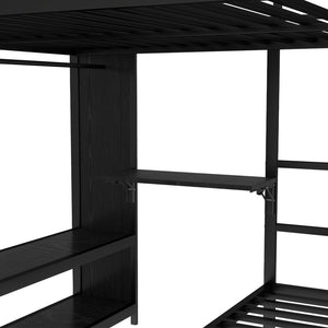 English Elm Queen Over Twin Bunk Bed With Wardrobe, Trundle, Foldable Desk & Noise-Reducing Design In Black W1580S00137-GIGA