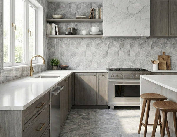 English Elm Hexagon Carrara Gray Polished Marble Floor Wall Tile Spa Inspired Natural Stone W1696P262337