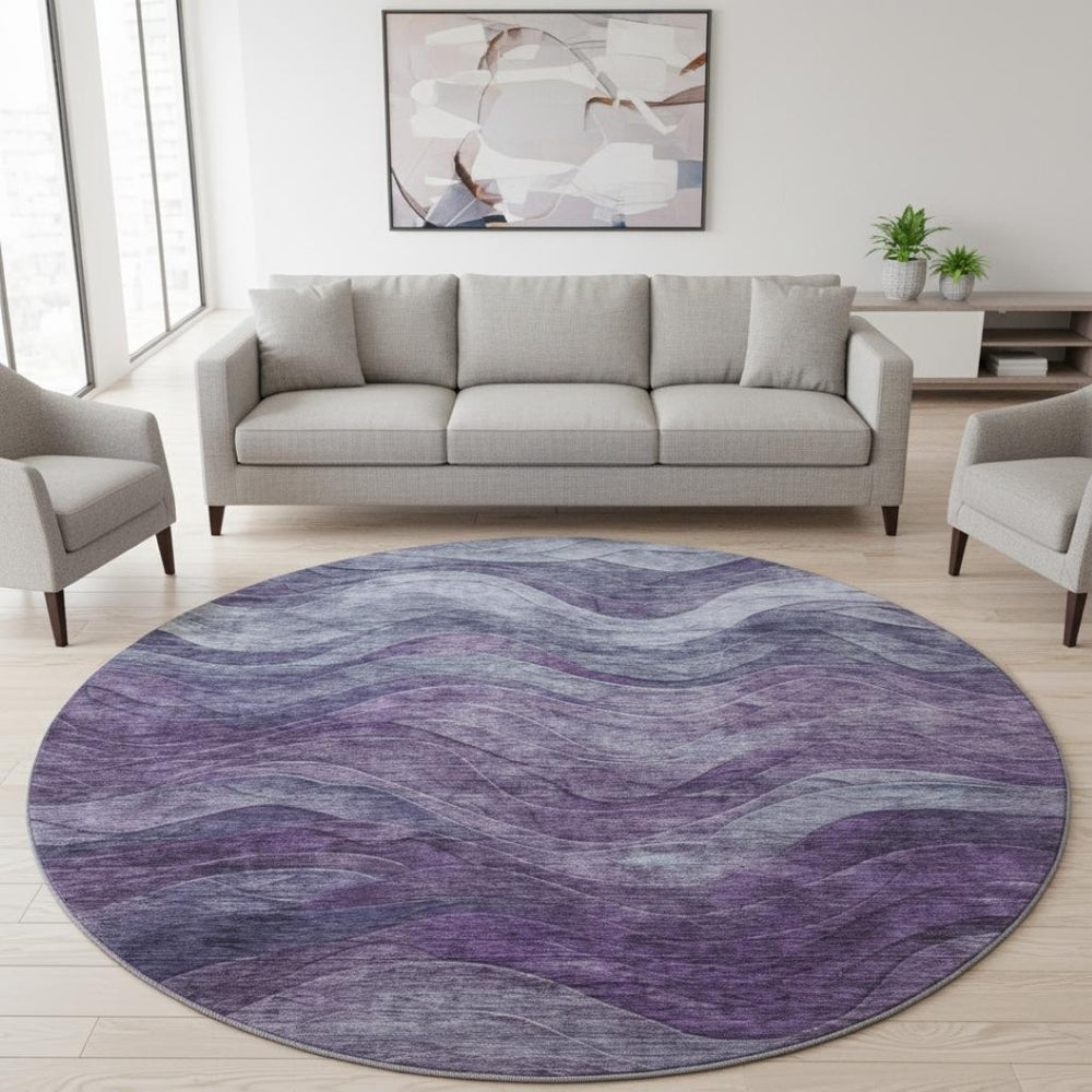 HomeRoots 8' Modern Abstract Round Rug in Purple, Gray & Silver – Washable, UV Protected, Durable Design! 697605