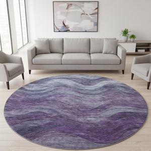 HomeRoots 8' Modern Abstract Round Rug in Purple, Gray & Silver – Washable, UV Protected, Durable Design! 697605