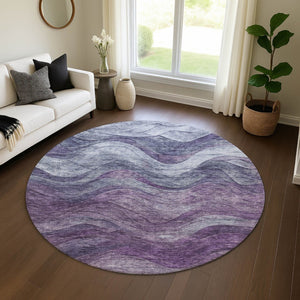 HomeRoots 8' Modern Abstract Round Rug in Purple, Gray & Silver – Washable, UV Protected, Durable Design! 697605