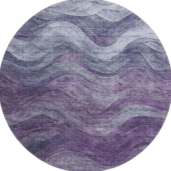 HomeRoots 8' Modern Abstract Round Rug in Purple, Gray & Silver – Washable, UV Protected, Durable Design! 697605