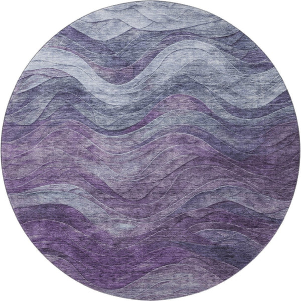 HomeRoots 8' Modern Abstract Round Rug in Purple, Gray & Silver – Washable, UV Protected, Durable Design! 697605